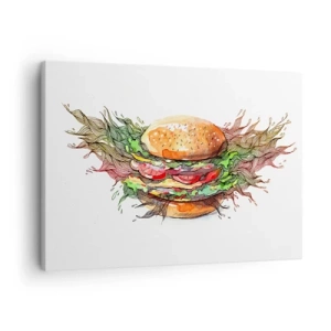 Bild auf Leinwand - Leinwandbild - Künstlerische Darstellung eines Burgers mit dynamischen Elementen - 70x50cm - Heiße Versuchung - Moderne Wanddekoration für Wohnzimmer und Schlafzimmer ARTTOR