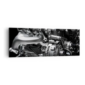 Bild auf Leinwand - Leinwandbild - Nahaufnahme von metallischen Motorteilen auf schwarzem Hintergrund - 140x50cm - Stahl, schön, stark - Moderne Wanddekoration für Wohnzimmer und Schlafzimmer ARTTOR