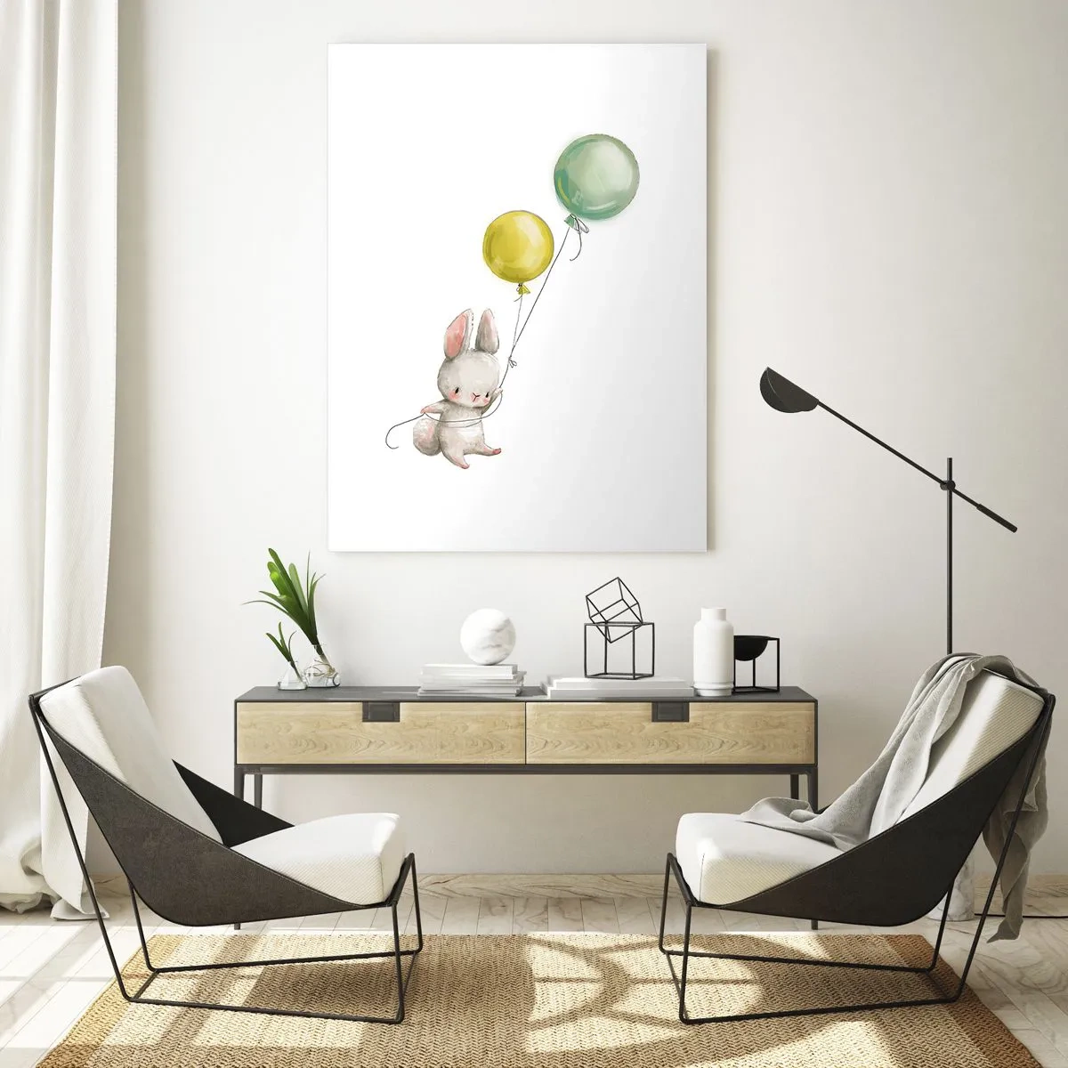 Glasbild - Bild auf glas - Ein Hase hält zwei Luftballons - 50x70cm - Ich werde auch fliegen! - Moderne Wanddekoration für Wohnzimmer und Schlafzimmer ARTTOR