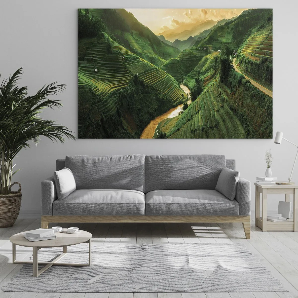 Glasbild - Bild auf glas - Malerische Reisterrassen im Tal bei Sonnenuntergang - 120x80cm - Vietnamesisches Tal - Moderne Wanddekoration für Wohnzimmer und Schlafzimmer ARTTOR