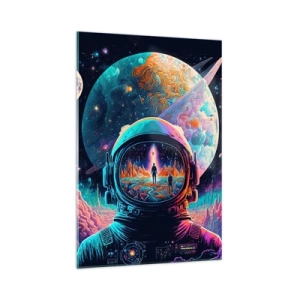Glasbild - Bild auf glas - Astronaut im Weltraum mit einer farbenfrohen Planetenlandschaft - 70x100cm - Philosophen haben nicht davon geträumt - Moderne Wanddekoration für Wohnzimmer und Schlafzimmer ARTTOR