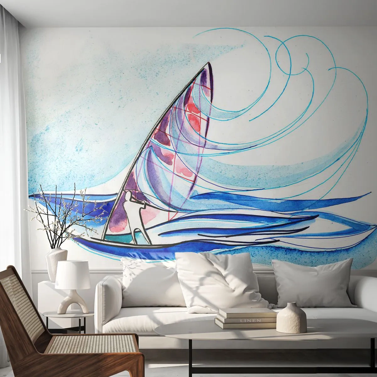 Fototapete Premium Sand - Aquarell-Windsurfer auf den Meereswellen - 100x70cm - Mit dem Wind im Rhythmus der Wellen - Moderne Wanddekoration für Wohnzimmer und Schlafzimmer ARTTOR