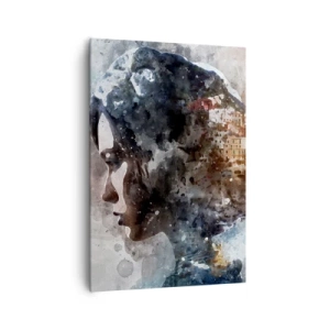 Bild auf Leinwand - Leinwandbild - Porträt einer Frau, die ihr Gesicht mit einer Stadtlandschaft im Hintergrund kombiniert - 70x100cm - Eine Geschichte über ein Mädchen mit einer Stadt im Hintergrund - Moderne Wanddekoration für Wohnzimmer und Schlafzimme