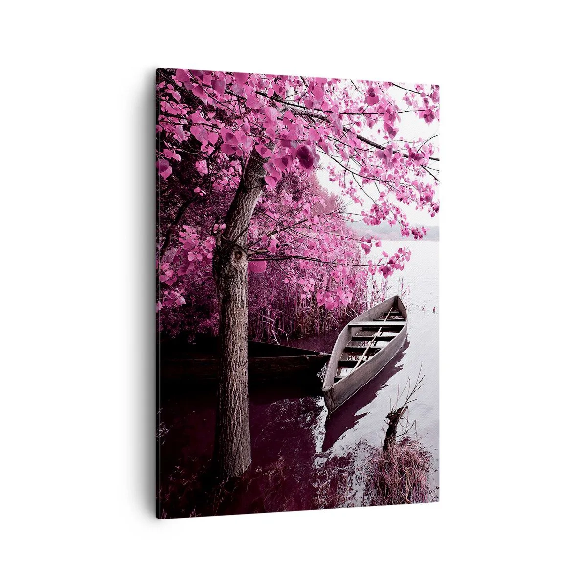 Bild auf Leinwand - Leinwandbild - Ein Boot am Ufer eines Sees zwischen rosa Bäumen - 50x70cm - In rosa Stille - Moderne Wanddekoration für Wohnzimmer und Schlafzimmer ARTTOR