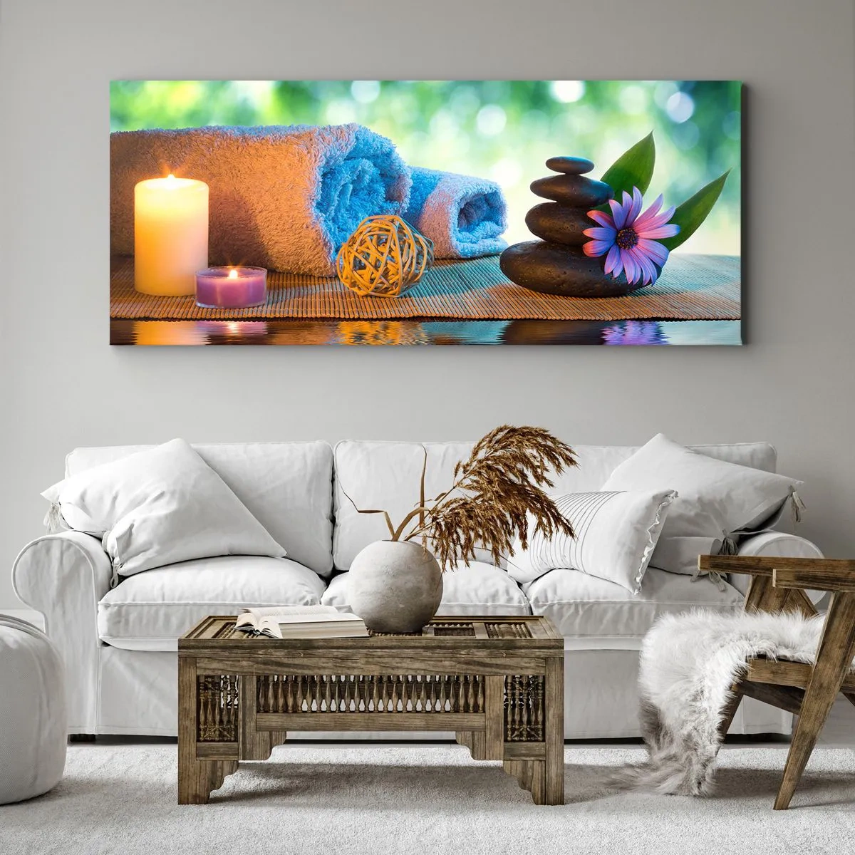 Bild auf Leinwand - Leinwandbild - Entspannendes SPA-Set mit Handtüchern, Kerzen und Steinen - 160x50cm - Zeit für den Körper - Moderne Wanddekoration für Wohnzimmer und Schlafzimmer ARTTOR