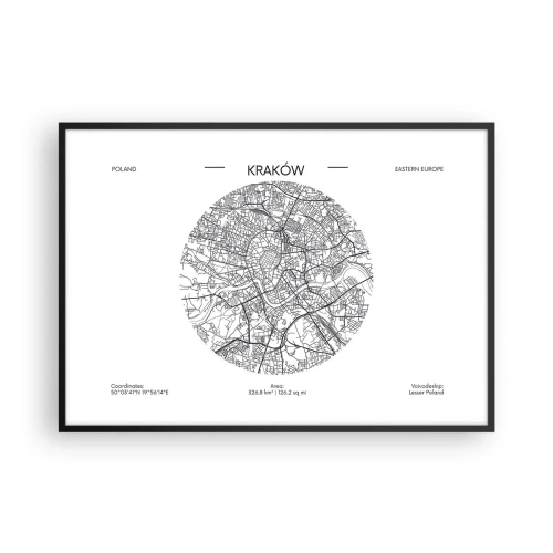 Poster in einem schwarzem Rahmen - Eine Karte von Krakau im minimalistischen Stil - 100x70cm - Anatomie von Krakau - Moderne Wanddekoration für Wohnzimmer und Schlafzimmer ARTTOR