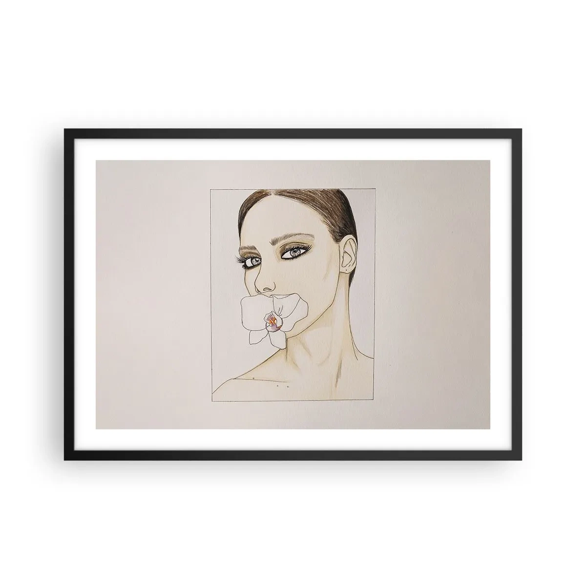 Poster in einem schwarzem Rahmen - Porträt einer Frau mit einer Orchidee in zarten Farben - 70x50cm - Ein Symbol für Eleganz und Schönheit - Moderne Wanddekoration für Wohnzimmer und Schlafzimmer ARTTOR
