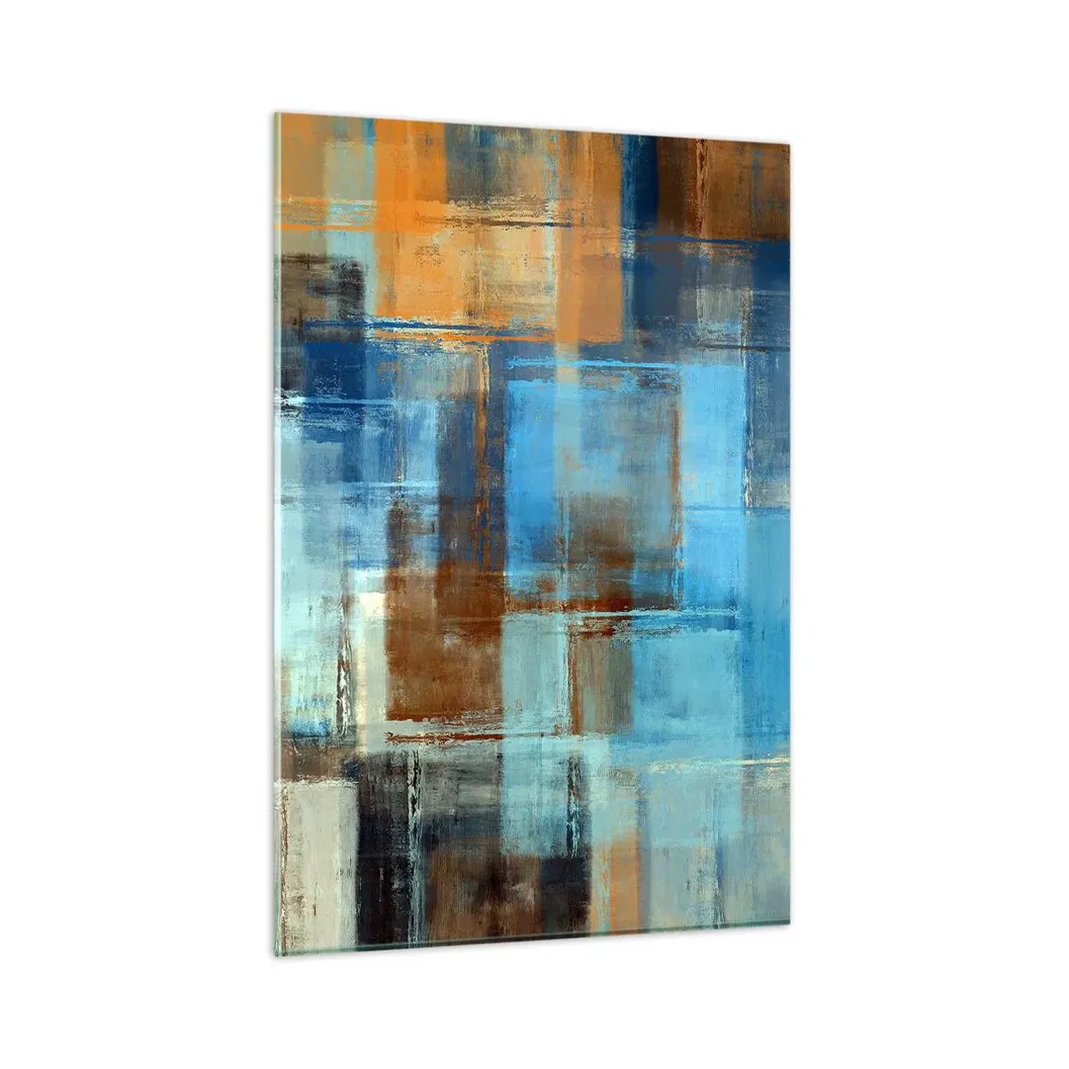 Glasbild - Bild auf glas - Abstrakte geometrische Komposition in Blau- und Brauntönen - 80x120cm - Durch den blauen Schleier - Moderne Wanddekoration für Wohnzimmer und Schlafzimmer ARTTOR