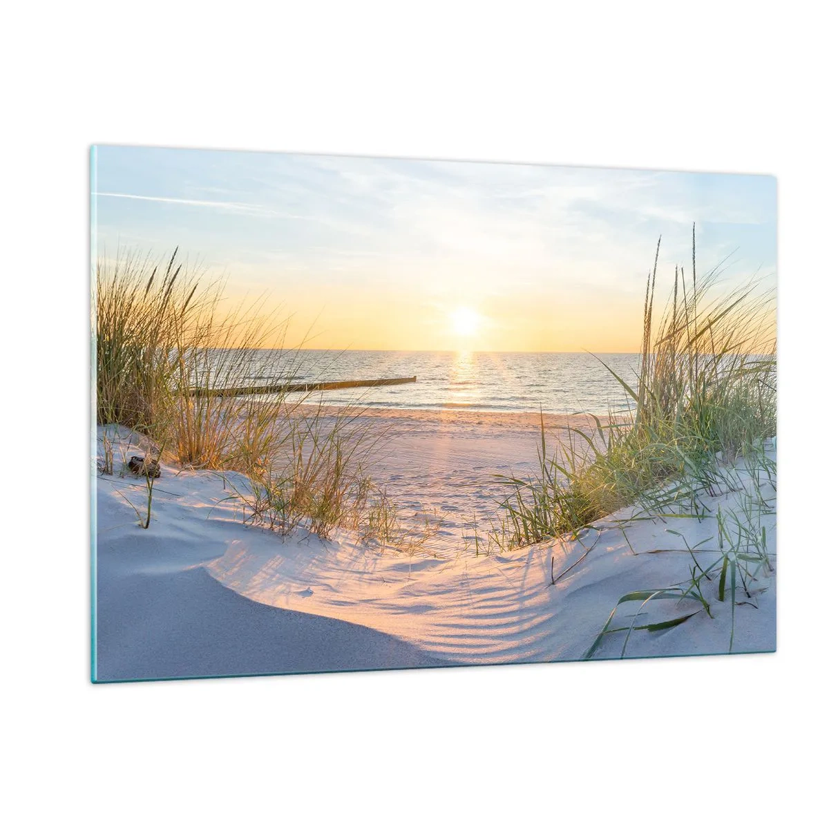 Glasbild - Bild auf glas - Sonnenuntergangsstrand mit Blick auf das Meer und Dünengräser - 120x80cm - Das Rauschen des Meeres, der Gesang der Vögel, ein wilder Strand im Gras ... - Moderne Wanddekoration für Wohnzimmer und Schlafzimmer ARTTOR