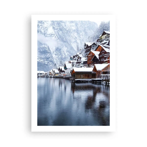 Poster - Winterlandschaft eines Bergdorfes am See - 50x70cm - In winterlicher Dekoration - Moderne Wanddekoration für Wohnzimmer und Schlafzimmer ARTTOR