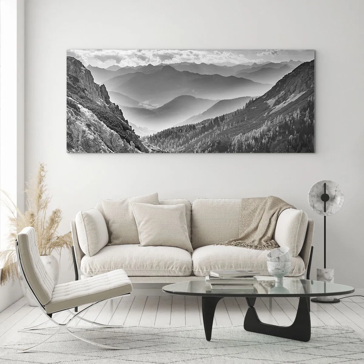 Glasbild - Bild auf glas - Schwarz-weiße Berglandschaft mit Wolken über den Gipfeln - 160x50cm - Bis zum Horizont - Moderne Wanddekoration für Wohnzimmer und Schlafzimmer ARTTOR