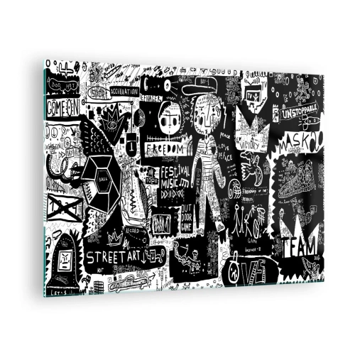 Glasbild - Bild auf glas - Schwarz-weiße Grafiken im Street-Art-Stil mit Figuren und Symbolen - 70x50cm - Spirituelle Jugend des Gesetzes und der Freude - Moderne Wanddekoration für Wohnzimmer und Schlafzimmer ARTTOR