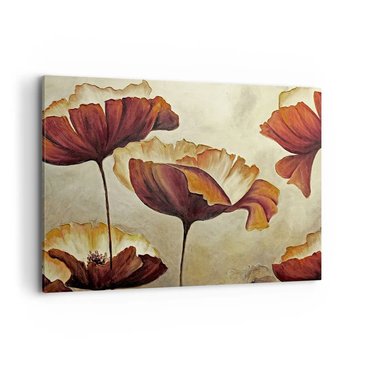 Bild auf Leinwand - Leinwandbild - Dezente Blumen in Rot- und Goldtönen auf hellem Untergrund - 100x70cm - Weideland - Moderne Wanddekoration für Wohnzimmer und Schlafzimmer ARTTOR