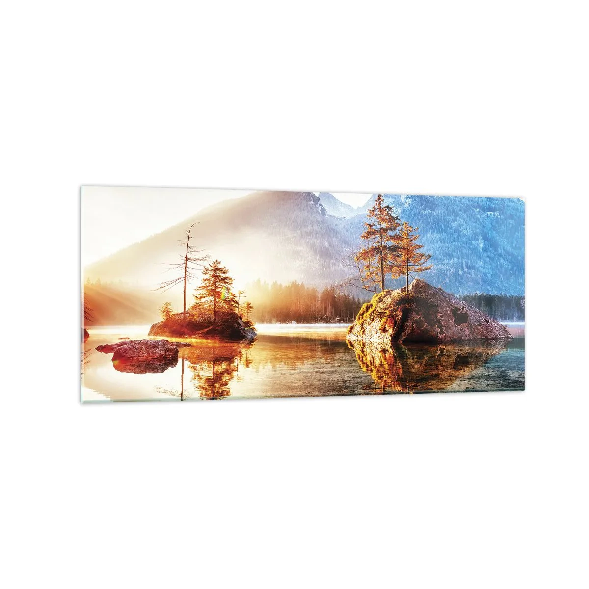 Glasbild - Bild auf glas - Ein See mit Inseln und Bergen im Hintergrund bei Sonnenaufgang - 120x50cm - Natur in neuem Licht - Moderne Wanddekoration für Wohnzimmer und Schlafzimmer ARTTOR