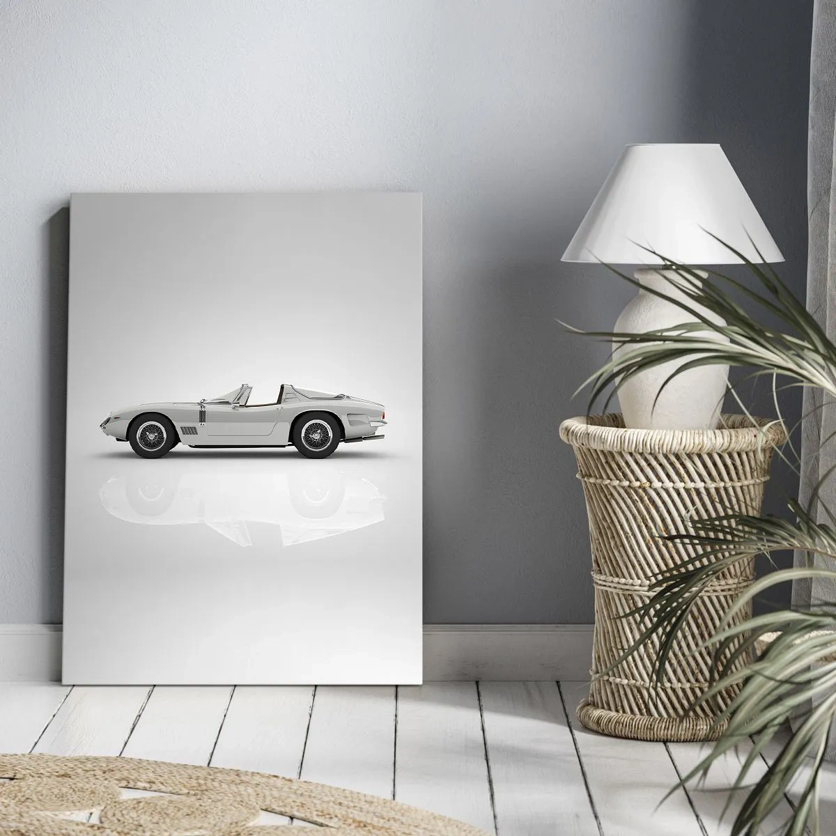 Bild auf Leinwand - Leinwandbild - Klassisches weißes Cabrio auf hellem Hintergrund - 70x100cm - Spaß versprochen - Moderne Wanddekoration für Wohnzimmer und Schlafzimmer ARTTOR