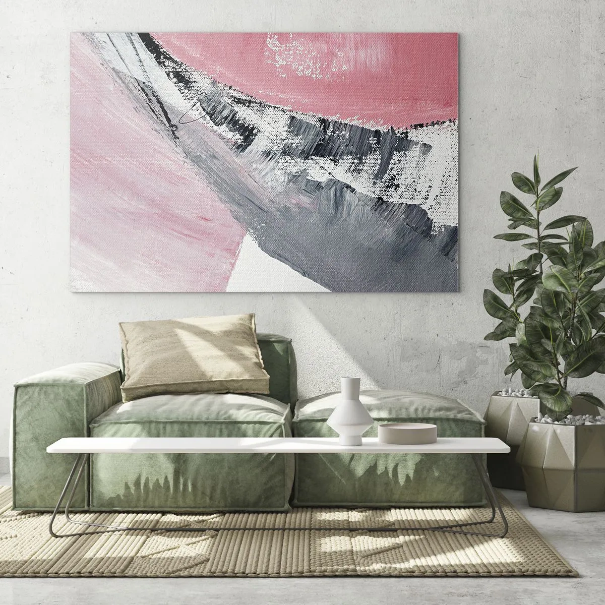 Glasbild - Bild auf glas - Moderne Abstraktion in Rosa, Weiß und Grau mit Pinselstrich-Textur - 70x50cm - Passende Komposition - Moderne Wanddekoration für Wohnzimmer und Schlafzimmer ARTTOR