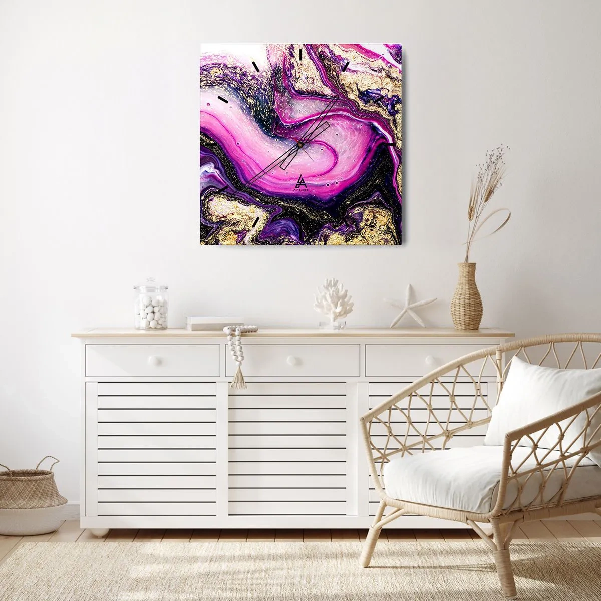 Wanduhr - Glasuhr - Abstrakte Wellen in Lila- und Goldtönen - 30x30cm - Ein Moment hinter den Kulissen - Moderne Wanddekoration für Wohnzimmer und Schlafzimmer ARTTOR