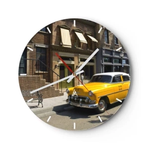 Wanduhr - Glasuhr - Ein gelbes Taxi vor einem stilvollen Gebäude - 30x30cm - Vor langer Zeit in Amerika - Moderne Wanddekoration für Wohnzimmer, Küche und Schlafzimmer ARTTOR