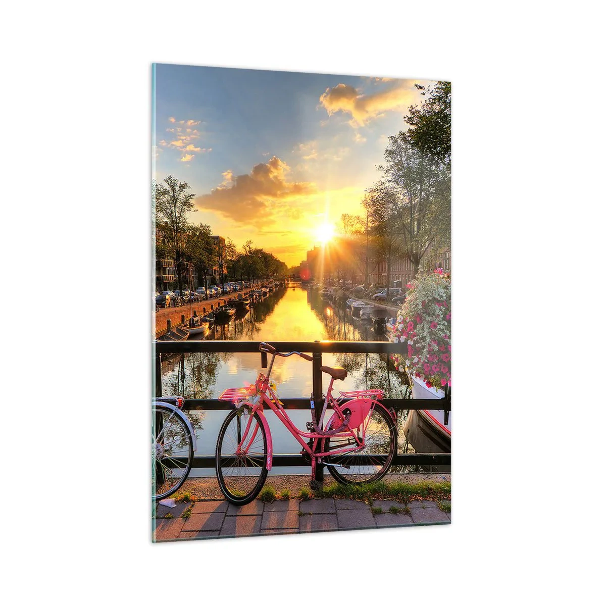 Glasbild - Bild auf glas - Sonnenuntergang über dem Kanal mit Fahrrädern im Hintergrund - 50x70cm - Frühlingsmorgen in Amsterdam - Moderne Wanddekoration für Wohnzimmer und Schlafzimmer ARTTOR