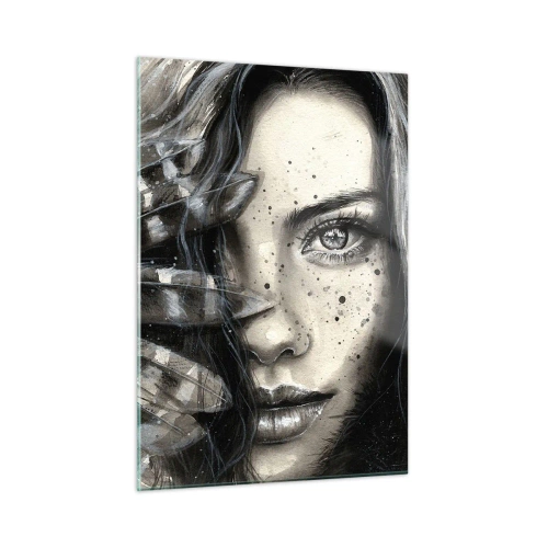 Glasbild - Bild auf glas - Porträt einer Frau mit Federn und abstrakten Details - 50x70cm - Wilde Schönheit - Moderne Wanddekoration für Wohnzimmer und Schlafzimmer ARTTOR