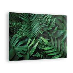Glasbild - Bild auf glas - Dichte grüne Blätter tropischer Pflanzen in der Komposition - 70x50cm - Eingebettet ins Grüne - Moderne Wanddekoration für Wohnzimmer und Schlafzimmer ARTTOR