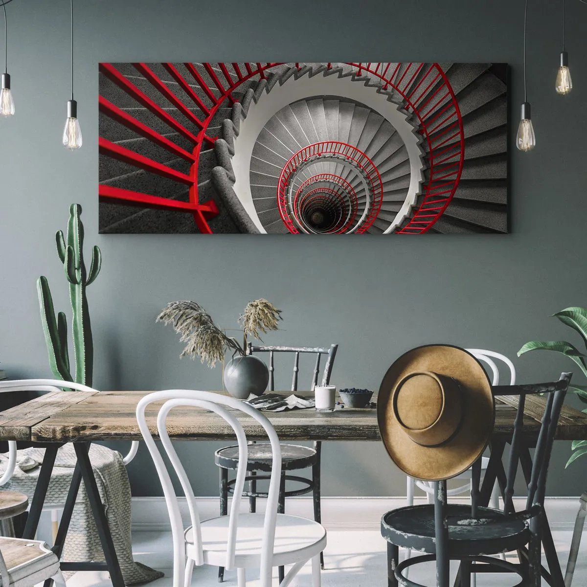 Bild auf Leinwand - Leinwandbild - Wendeltreppe mit roten Handläufen in dynamischer Perspektive - 160x50cm - Architekturspaß - Moderne Wanddekoration für Wohnzimmer und Schlafzimmer ARTTOR