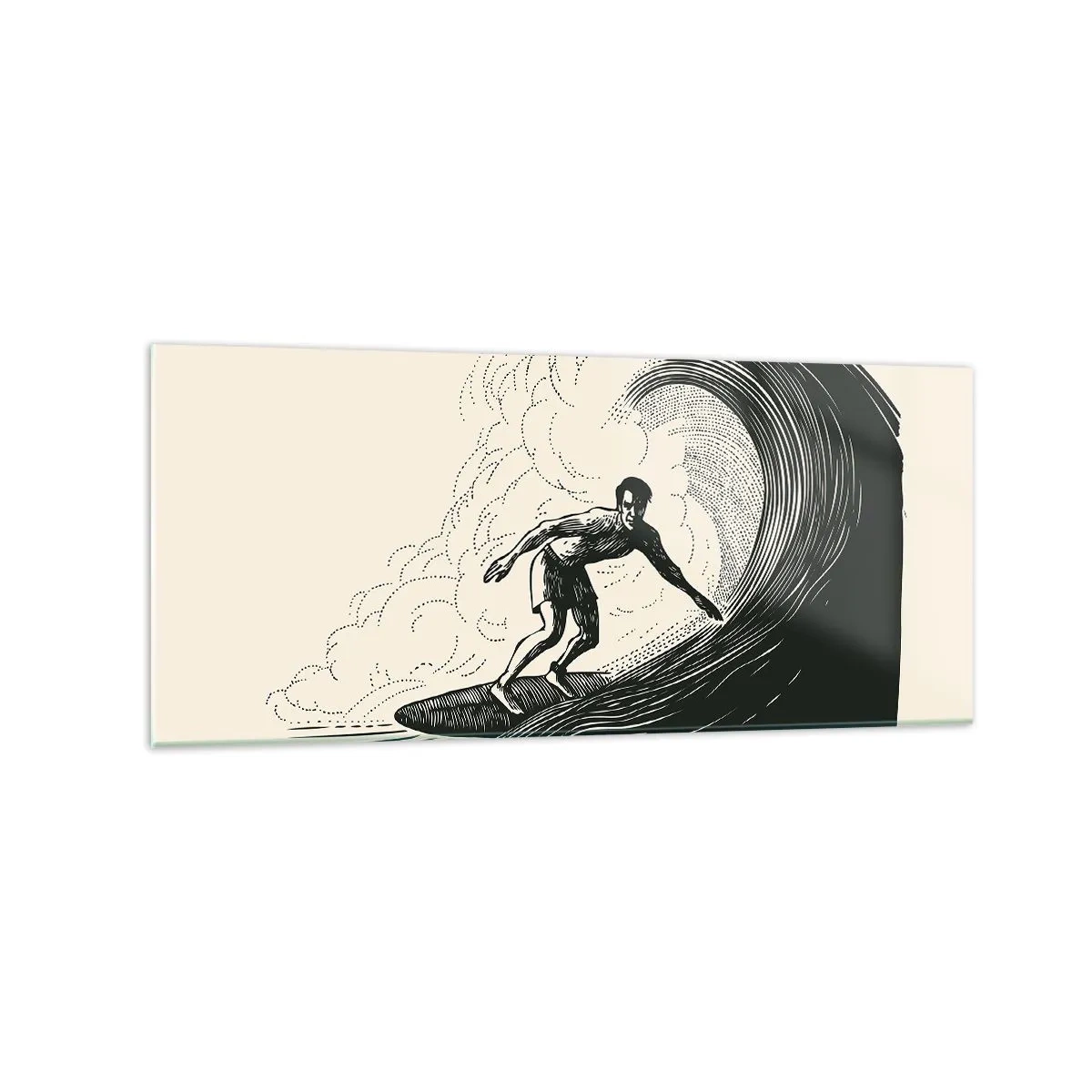 Glasbild - Bild auf glas - Schwarz-Weiß-Grafik eines Surfers, der auf einer Welle reitet - 120x50cm - König der Welle - Moderne Wanddekoration für Wohnzimmer und Schlafzimmer ARTTOR