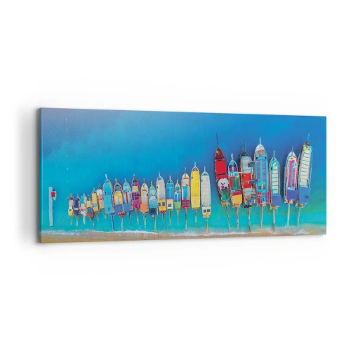 Bild auf Leinwand - Leinwandbild - Bunte Boote in einer Reihe am Ufer aufgereiht - 120x50cm - Aus der Vogelperspektive - Moderne Wanddekoration für Wohnzimmer und Schlafzimmer ARTTOR
