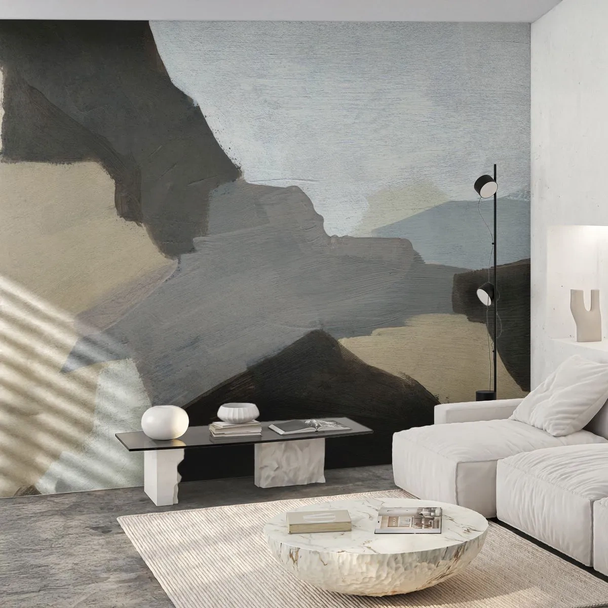 Fototapete Premium Sand - Eine abstrakte Komposition mit Flecken in Grau und Beige. - 100x70cm - Abstraktion: Scheideweg des Graus - Moderne Wanddekoration für Wohnzimmer und Schlafzimmer ARTTOR