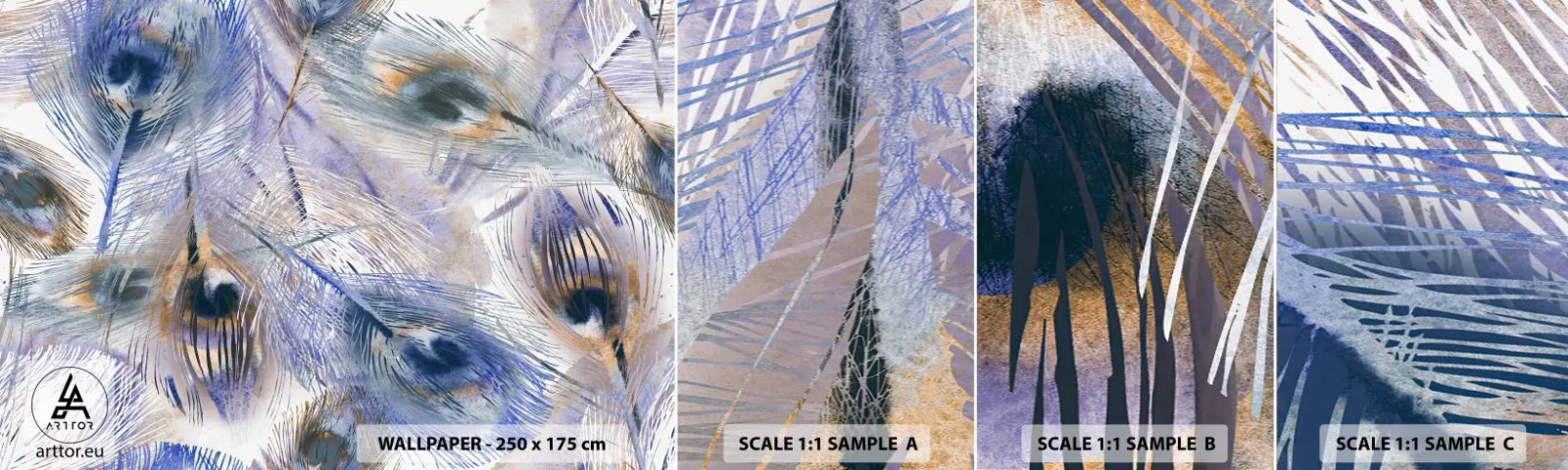 Fototapetenmuster Standard Eco - Pfau-Komposition - Abstraktion, Pfauenfeder, Boho - 100x30 cm