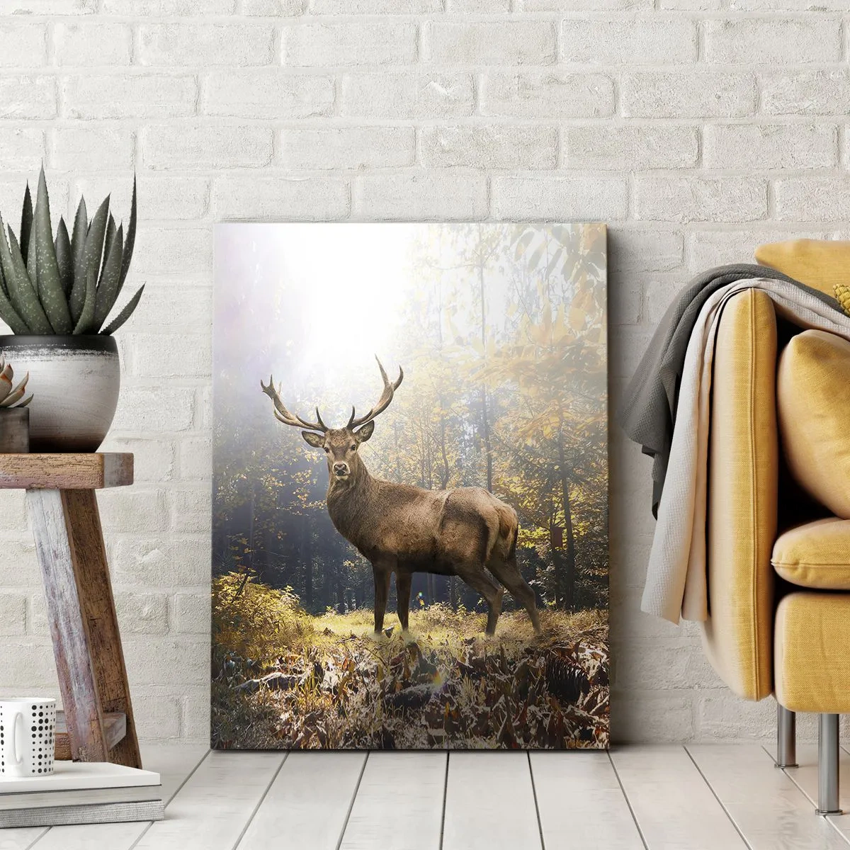 Bild auf Leinwand - Leinwandbild - Hirsch im herbstlichen Wald mit Sonnenstrahlen - 50x70cm - In voller Majestät - Moderne Wanddekoration für Wohnzimmer und Schlafzimmer ARTTOR