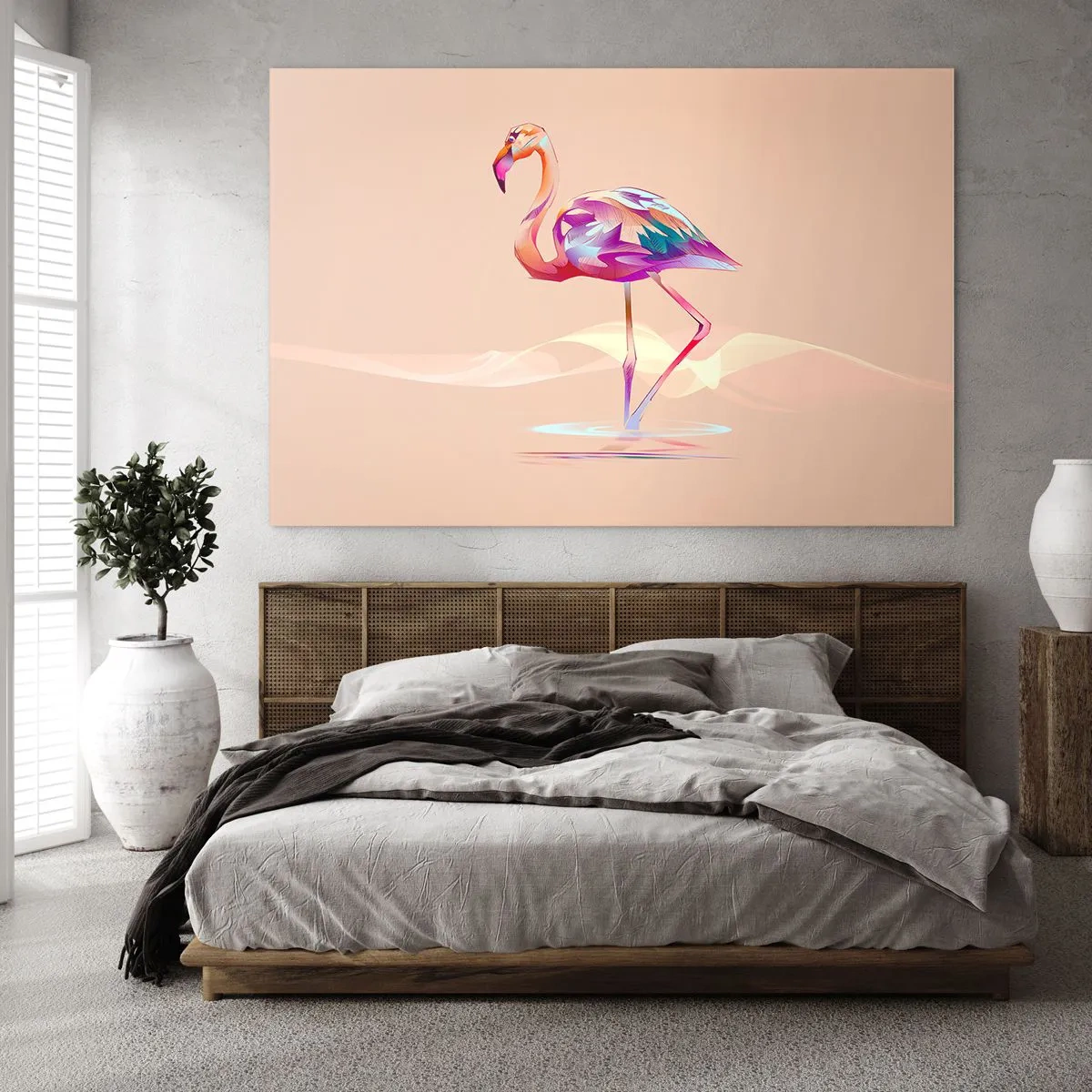 Glasbild - Bild auf glas - Bunter Flamingo auf pastellfarbenem Hintergrund - 70x50cm - Der Vogel der guten Gefühle - Moderne Wanddekoration für Wohnzimmer und Schlafzimmer ARTTOR