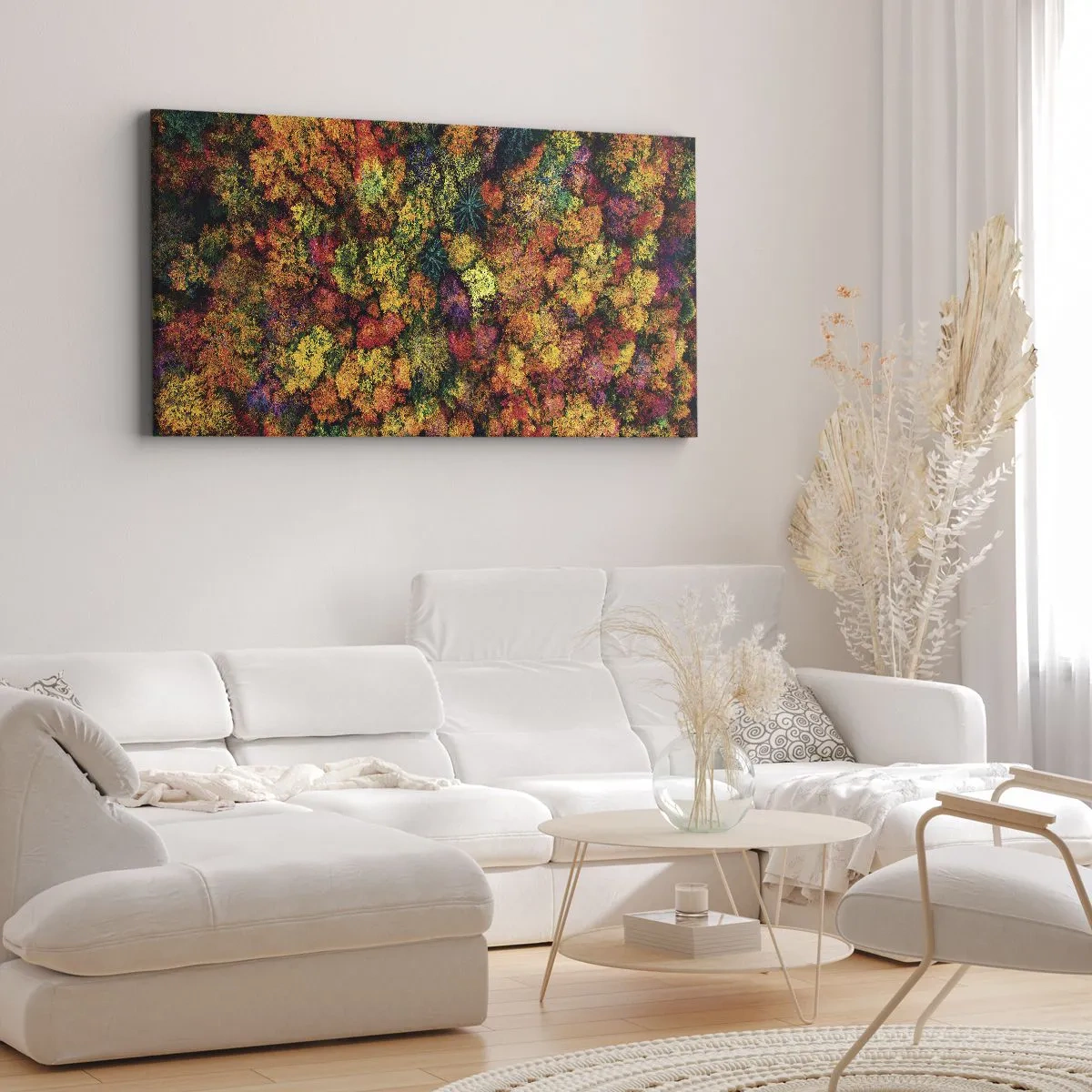 Bild auf Leinwand - Leinwandbild - Bunte Baumkronen in der Herbstpalette - 140x50cm - Blumenstrauß aus Herbstbäumen - Moderne Wanddekoration für Wohnzimmer und Schlafzimmer ARTTOR