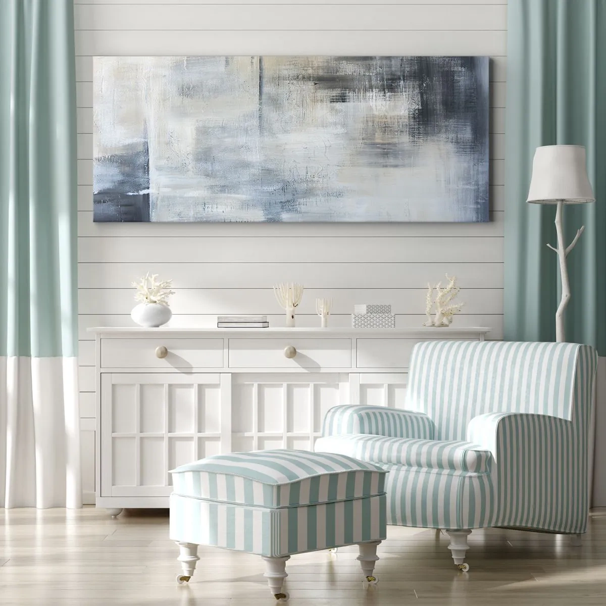 Bild auf Leinwand - Leinwandbild - Hinter dem blauen Vorhang - 100x40 cm