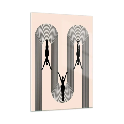 Glasbild - Bild auf glas - Schwarze Silhouetten von Figuren, die in rhythmischen Bögen schweben - 50x70cm - Verkehrt herum - Moderne Wanddekoration für Wohnzimmer und Schlafzimmer ARTTOR