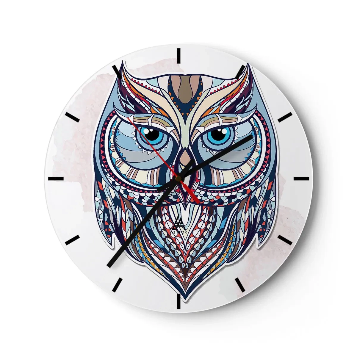 Wanduhr - Glasuhr - Bunte Eule im geometrischen Stil auf weißem Hintergrund - 30x30cm - Aufwendige Ziereule - Moderne Wanddekoration für Wohnzimmer, Küche und Schlafzimmer ARTTOR