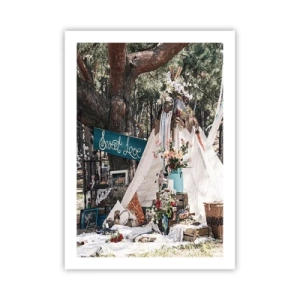 Poster - Eine Komposition im Boho-Stil mit einem Zelt, Blumen und den Worten „Sweet Love“ - 50x70cm - Liebe machen ... - Moderne Wanddekoration für Wohnzimmer und Schlafzimmer ARTTOR