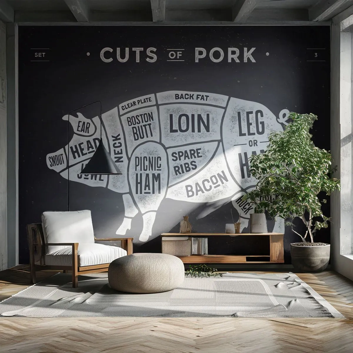 Fototapete Premium Canvas - Diagramm von Schweinefleischstücken auf schwarzem Hintergrund - 100x70cm - Metzger Grundierung - Moderne Wanddekoration für Wohnzimmer und Schlafzimmer ARTTOR