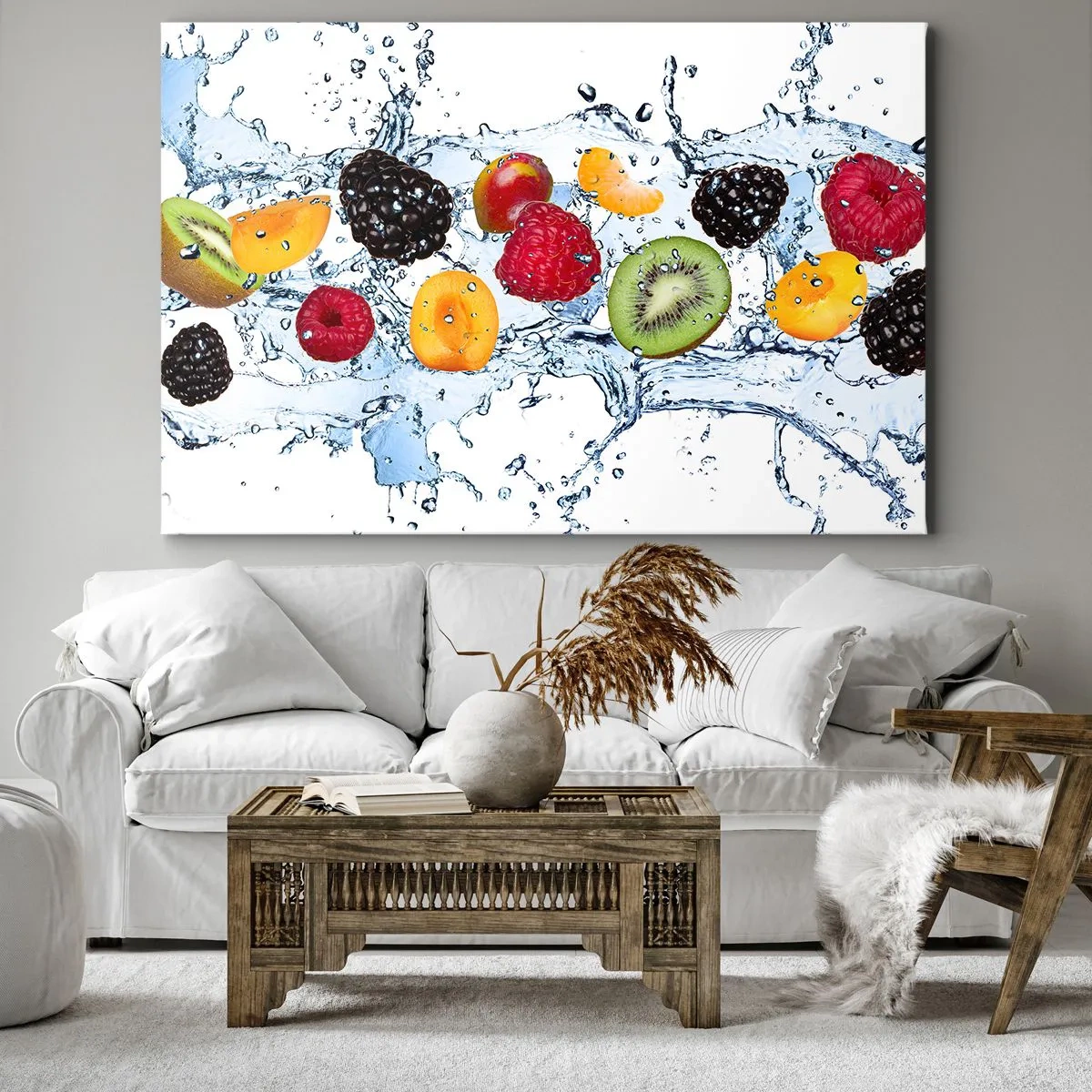 Bild auf Leinwand - Leinwandbild - Bunte Früchte in Wasserspritzern auf weißem Hintergrund eingetaucht - 70x50cm - Viel Spaß mit uns - Moderne Wanddekoration für Wohnzimmer und Schlafzimmer ARTTOR