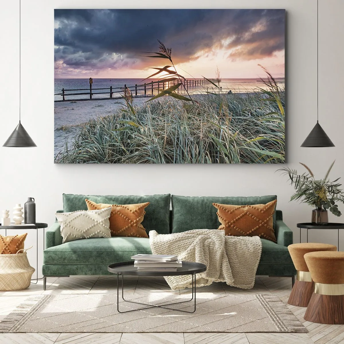 Bild auf Leinwand - Leinwandbild - Strand bei Sonnenuntergang mit Gräsern im Vordergrund - 120x80cm - Es vergeht nicht mit dem Wind - Moderne Wanddekoration für Wohnzimmer und Schlafzimmer ARTTOR