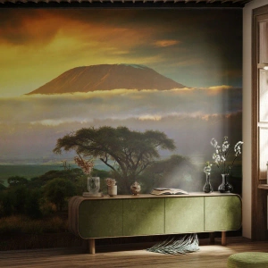 Fototapete Premium Sand - Afrikanische Landschaft mit Kilimandscharo bei Sonnenuntergang - 100x70cm - Ein Reisetraum - Moderne Wanddekoration für Wohnzimmer und Schlafzimmer ARTTOR