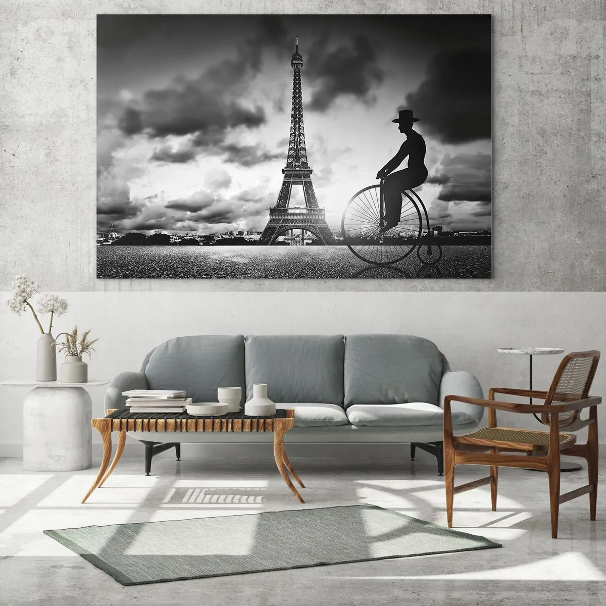 Glasbild - Bild auf glas - Eiffelturm mit Retro-Fahrrad in Schwarz und Weiß - 100x70cm - Sehnsucht nach Belle Epoque - Moderne Wanddekoration für Wohnzimmer und Schlafzimmer ARTTOR