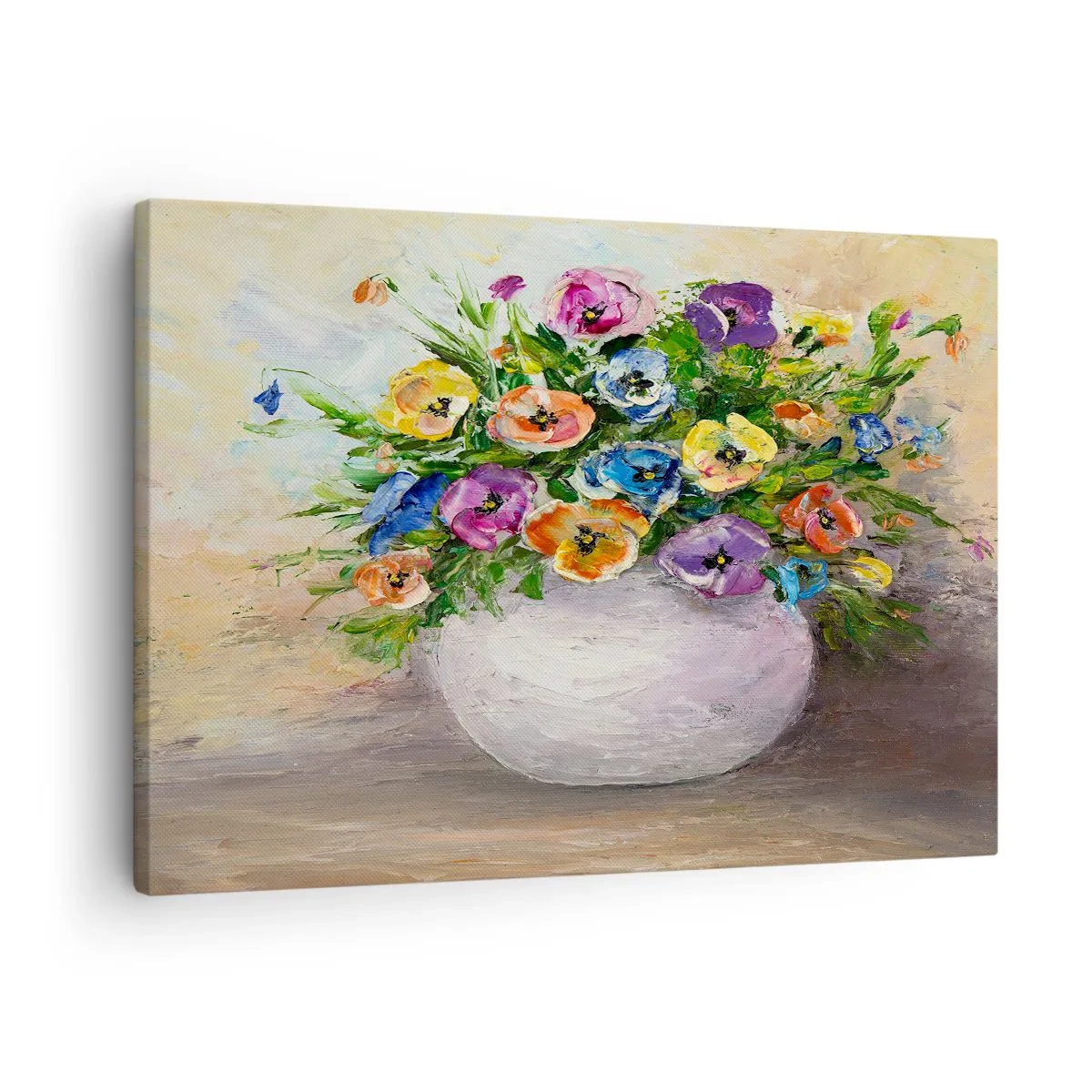 Bild auf Leinwand - Leinwandbild - Ein bunter Blumenstrauß in einer weißen Vase - 70x50cm - Stillleben mit einer weißen Vase - Moderne Wanddekoration für Wohnzimmer und Schlafzimmer ARTTOR