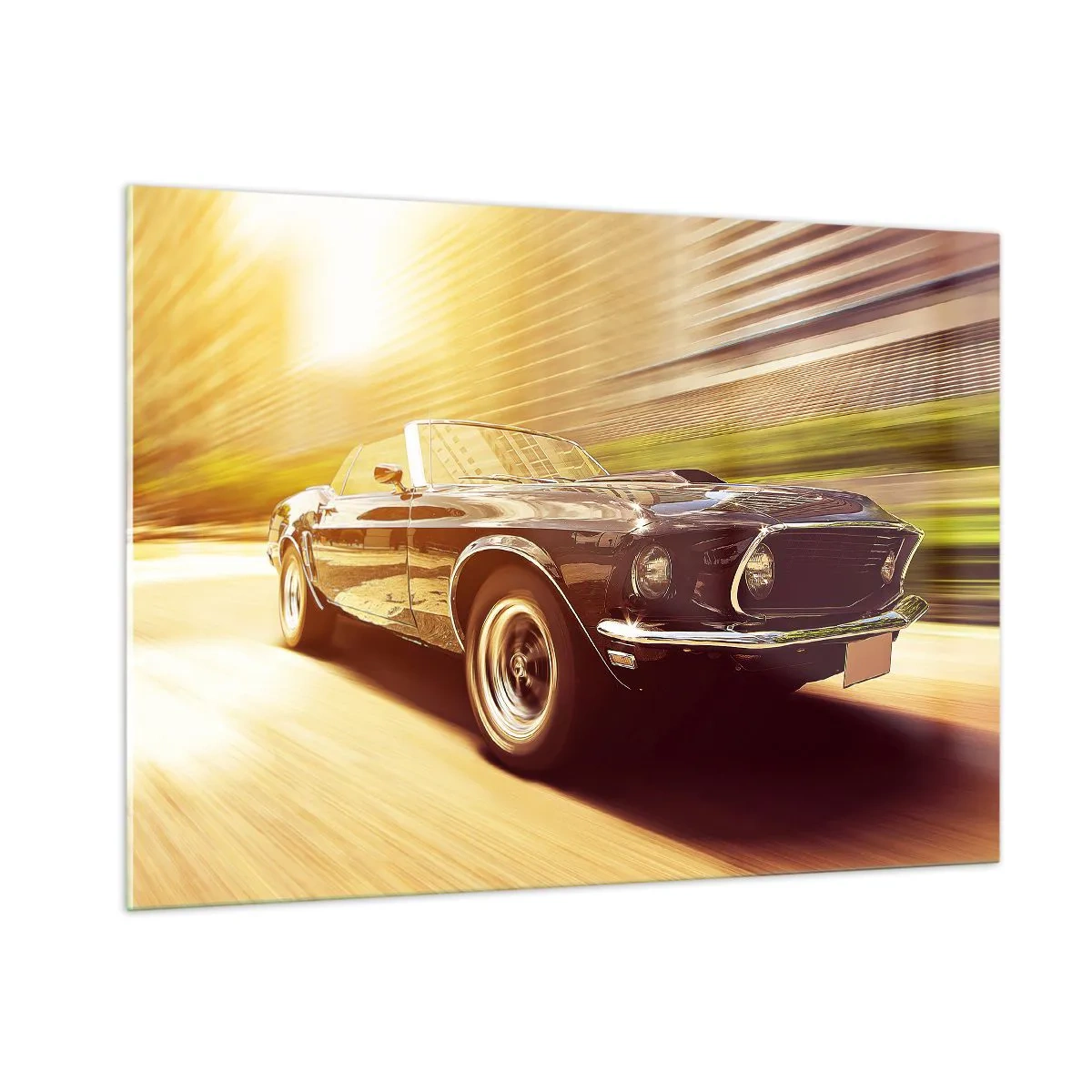 Glasbild - Bild auf glas - Oldtimer in Bewegung im Sonnenlicht - 100x70cm - 1967 - die Legende kehrt zurück - Moderne Wanddekoration für Wohnzimmer und Schlafzimmer ARTTOR