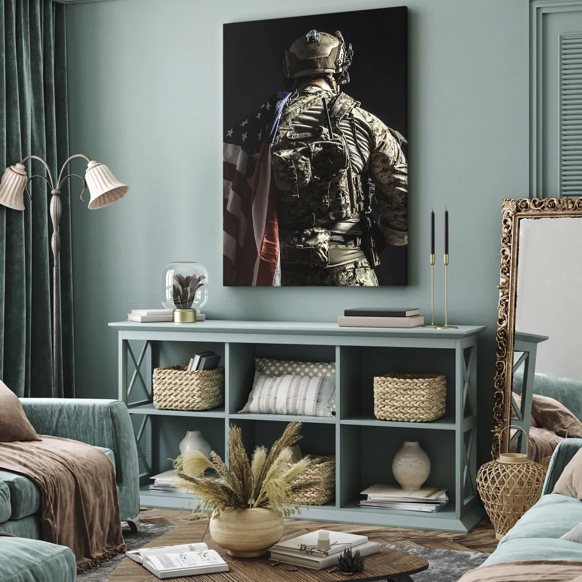 Bild auf Leinwand - Leinwandbild - Ein Soldat in Uniform mit einer Flagge vor dunklem Hintergrund - 80x120cm - Darum - Moderne Wanddekoration für Wohnzimmer und Schlafzimmer ARTTOR