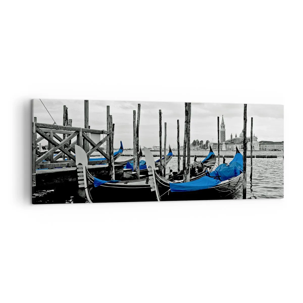 Bild auf Leinwand - Leinwandbild - Gondeln in Venedig mit blauen Abdeckungen - 140x50cm - Nachdenkliches Venedig - Moderne Wanddekoration für Wohnzimmer und Schlafzimmer ARTTOR
