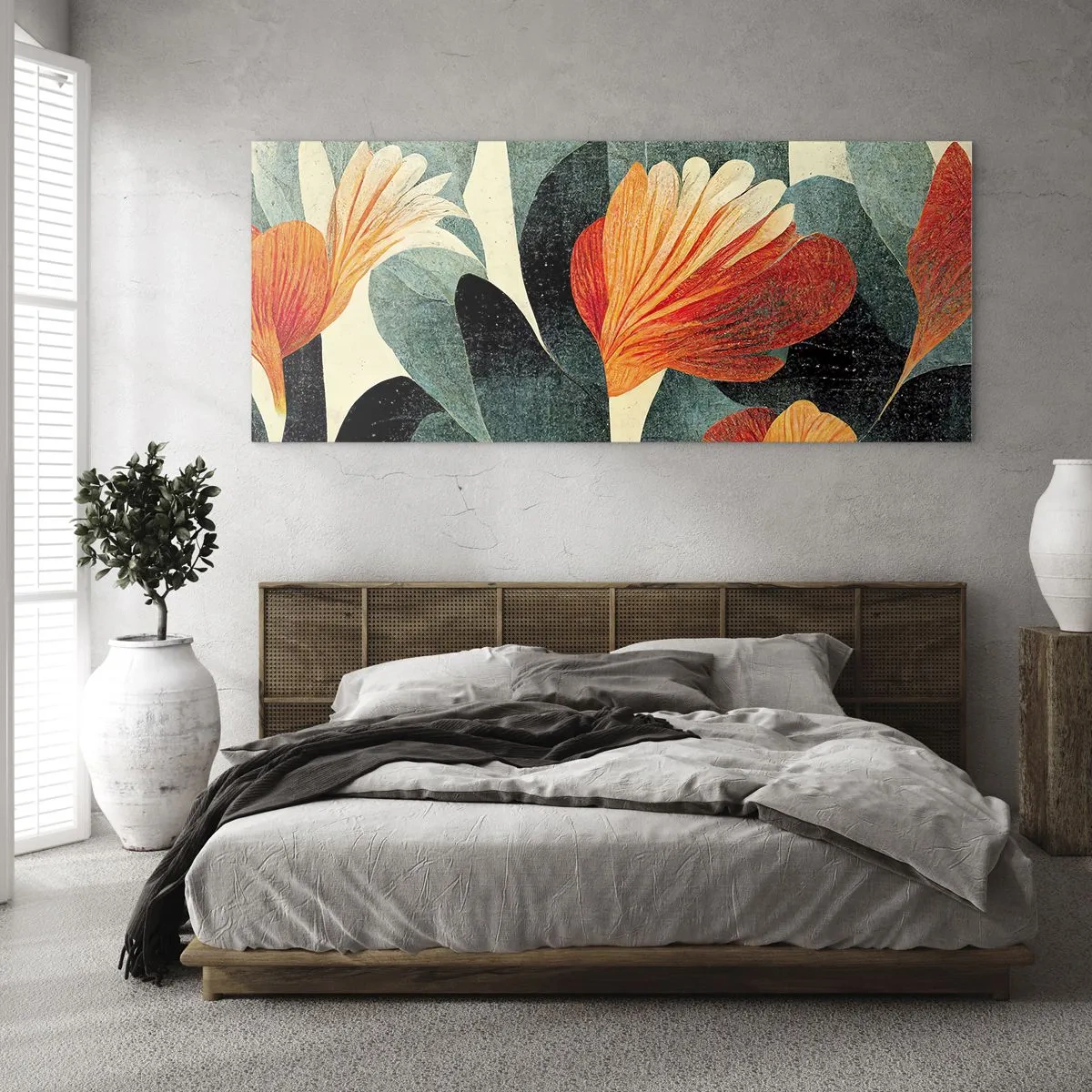 Glasbild - Bild auf glas - Blüten in intensiven Orange- und Grüntönen - 120x50cm - Hitze der Tropen und Kühle des Grüns - Moderne Wanddekoration für Wohnzimmer und Schlafzimmer ARTTOR