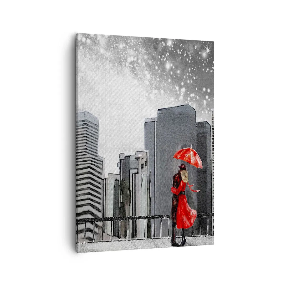 Bild auf Leinwand - Leinwandbild - Ein Paar in Rot mit einem Regenschirm vor dem Hintergrund einer Stadtlandschaft - 50x70cm - Der Mensch ist kein Stein - Moderne Wanddekoration für Wohnzimmer und Schlafzimmer ARTTOR