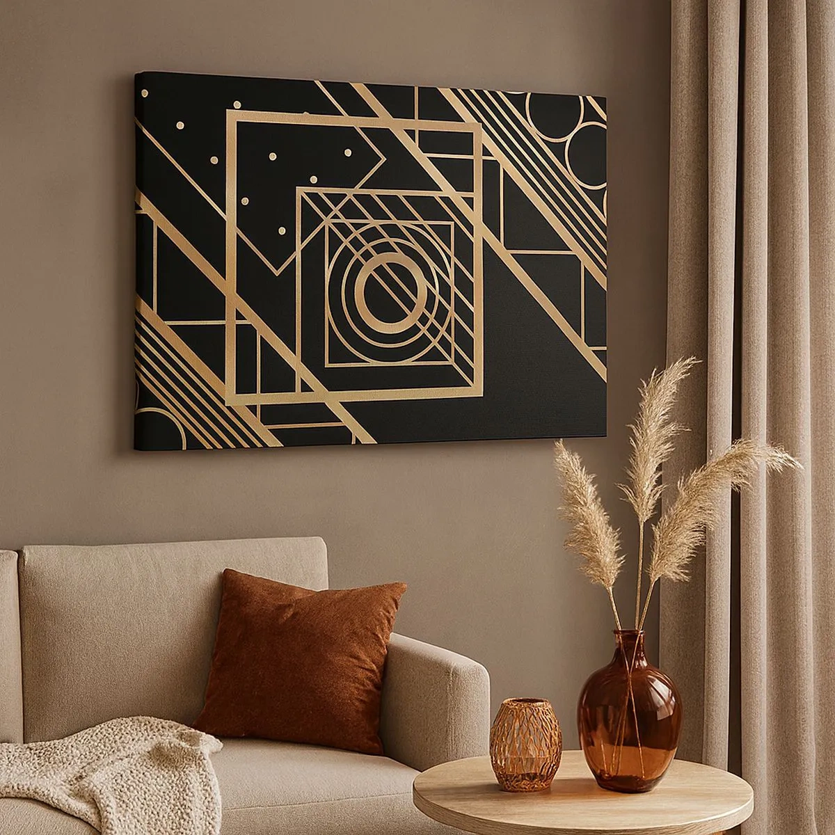 Bild auf Leinwand - Leinwandbild - Goldene geometrische Muster auf schwarzem Hintergrund - 70x50cm - Goldene Geometrie - Moderne Wanddekoration für Wohnzimmer und Schlafzimmer ARTTOR