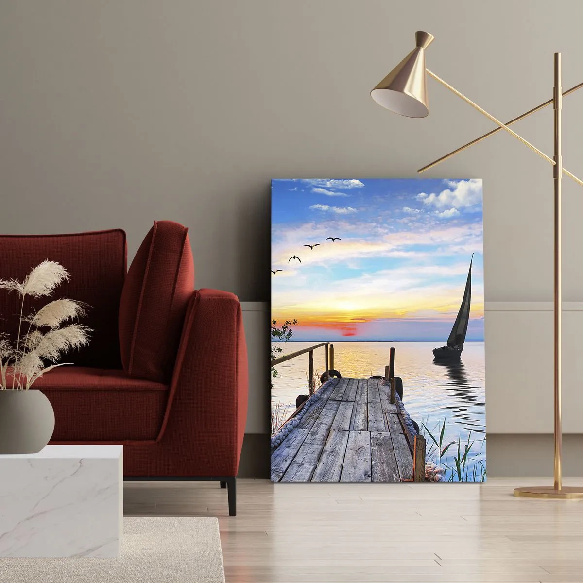 Bild auf Leinwand - Leinwandbild - Seepier mit Boot und Sonnenuntergang - 70x100cm - Guten Abend - Moderne Wanddekoration für Wohnzimmer und Schlafzimmer ARTTOR